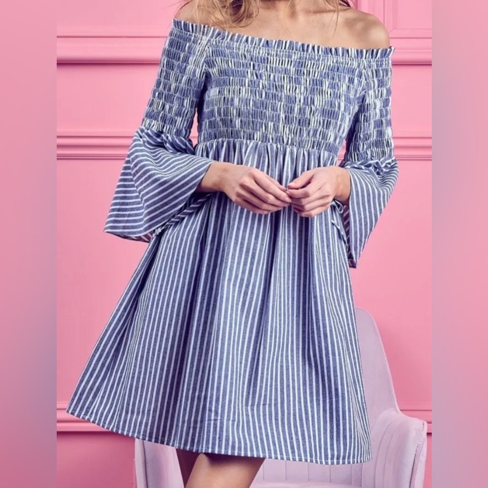 NWT Sanctuary Blue and White Striped Off Shoulder Dress Retro
